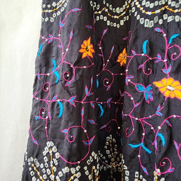 Alka Vora Maxi Skirt 100% Silk Embroidered Gypsy One Size Black Tiered Boho New - Picture 7 of 12